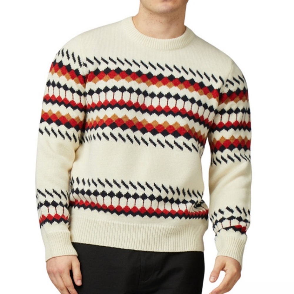 Ben Sherman Fair Isle Cream and Red Crewneck Wool Blend Sweater Men’s Small NWOT